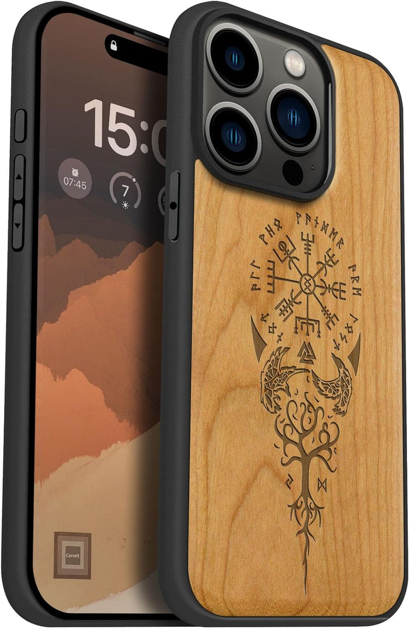 Carveit Holz Cover für iPhone 15 Pro hülle, Kompatibel mit Magsafe Silikon Stossfeste Cover, Magneti