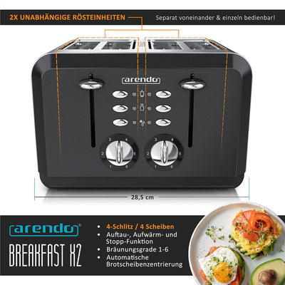 Arendo - Automatik Toaster 4 Scheiben in Edelstahl - bis zu vier Sandwich und Toast-Scheiben - Bräun