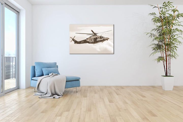 deyoli Helikopter im Einsatz Effekt: Sepia Format: 80x60 als Leinwandbild, Motiv fertig gerahmt auf