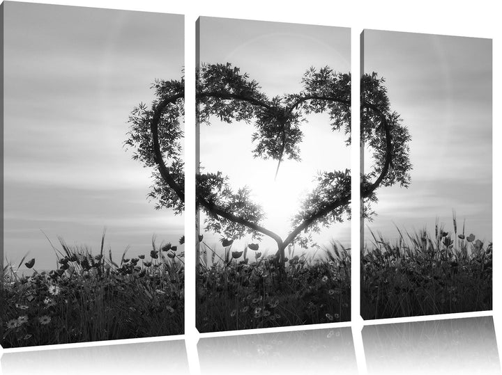 Pixxprint Herz aus Bambus Kunst B&W / 3-Teilig/Gesamtmass 120cm Leinwandbild bespannt auf Holzrahmen