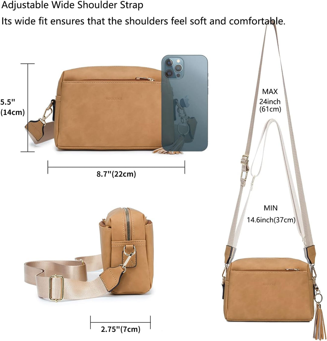 Roulens Damen Handy Umhängetasche,Veganem Leder Crossbody Schultertasche,Breiter Riemen Abendtasche