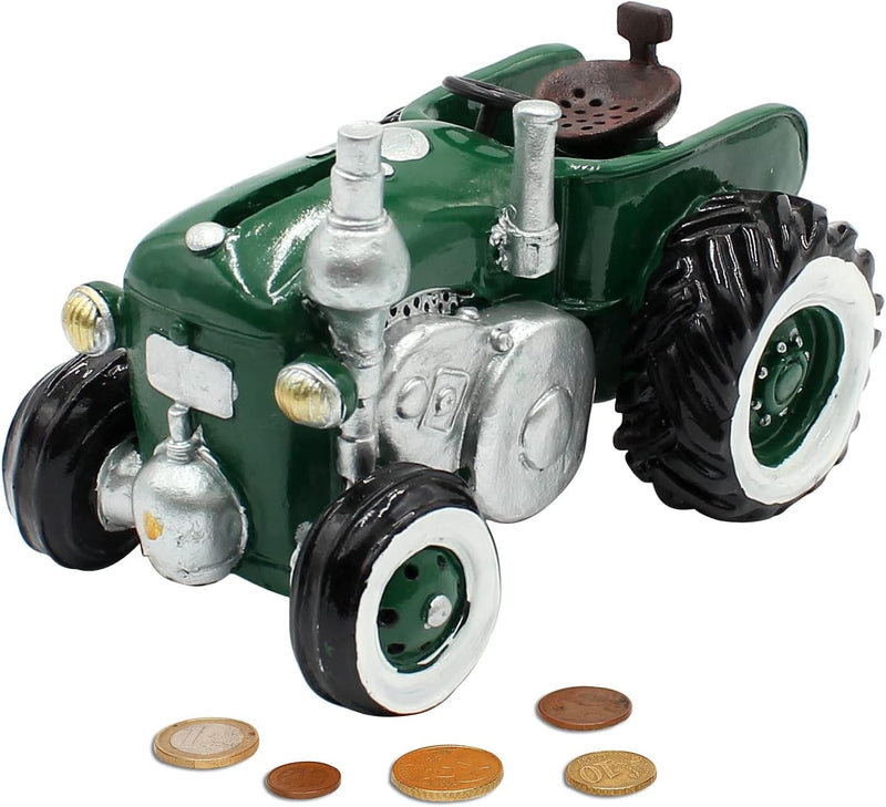 Dekohelden24 Spardose als Traktor aus Poly - Sparauto - Sparbüchse in grün mit Gummiverschluss, Grös