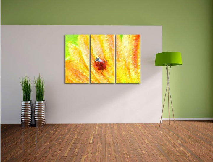 Pixxprint Marienkäfer auf gelber Blume Kunst Pinsel Effekt 3-Teiler Leinwandbild 120x80 Bild auf Lei