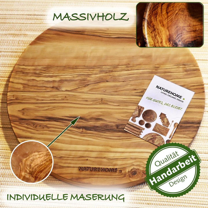NATUREHOME Olivenholz Schneidebrett 20cm Rund - antibakterielles und antiseptisches Holzschneidebret