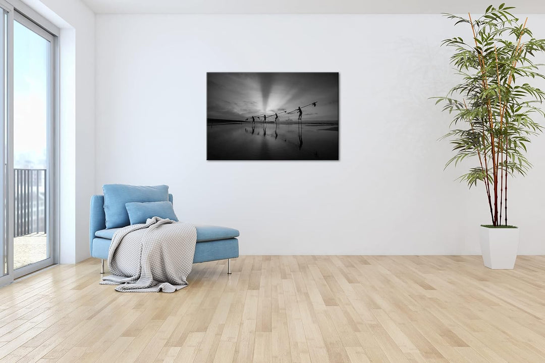 Küstenfischer bei der Arbeit Format: 80x60 Effekt: Schwarz&Weiss als Leinwandbild, Motiv fertig gera