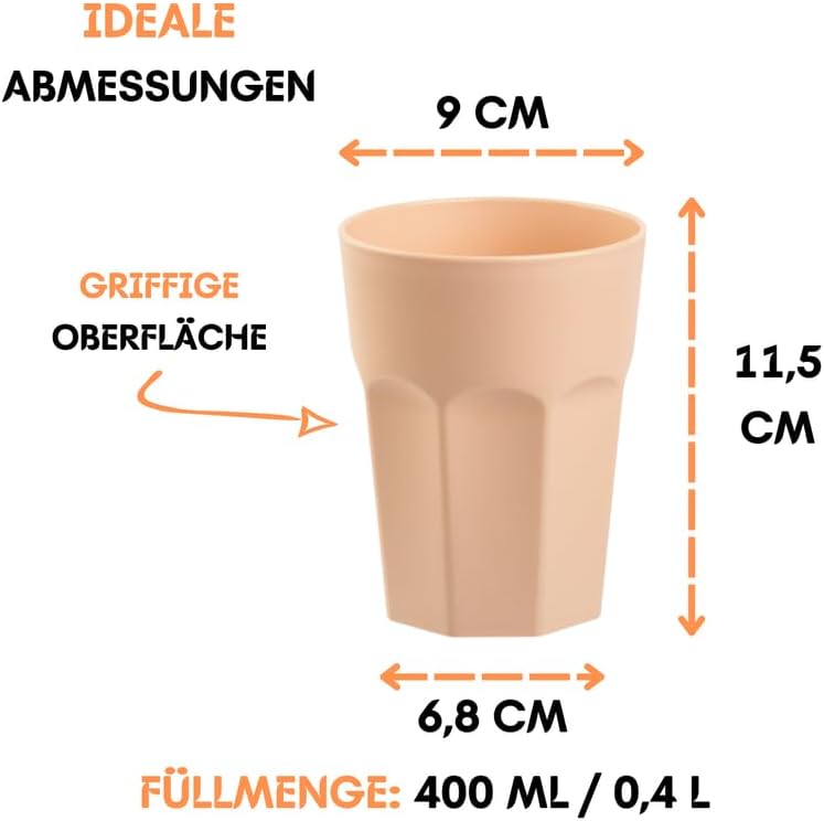 ENGELLAND - 20 x Plastikbecher, Trinkbecher, Apricot, Pastellfarben, 400 ml, Eichstrich, bruchfest,