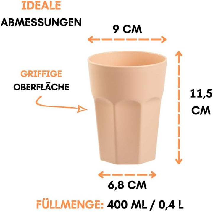 ENGELLAND - 20 x Plastikbecher, Trinkbecher, Apricot, Pastellfarben, 400 ml, Eichstrich, bruchfest,
