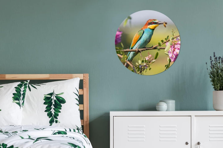 MuchoWow Wandbild Rund Wanddeko Deko Wohnzimmer Bilder 60x60 cm Vogel - Bienenfresser - Blumen, 60x6