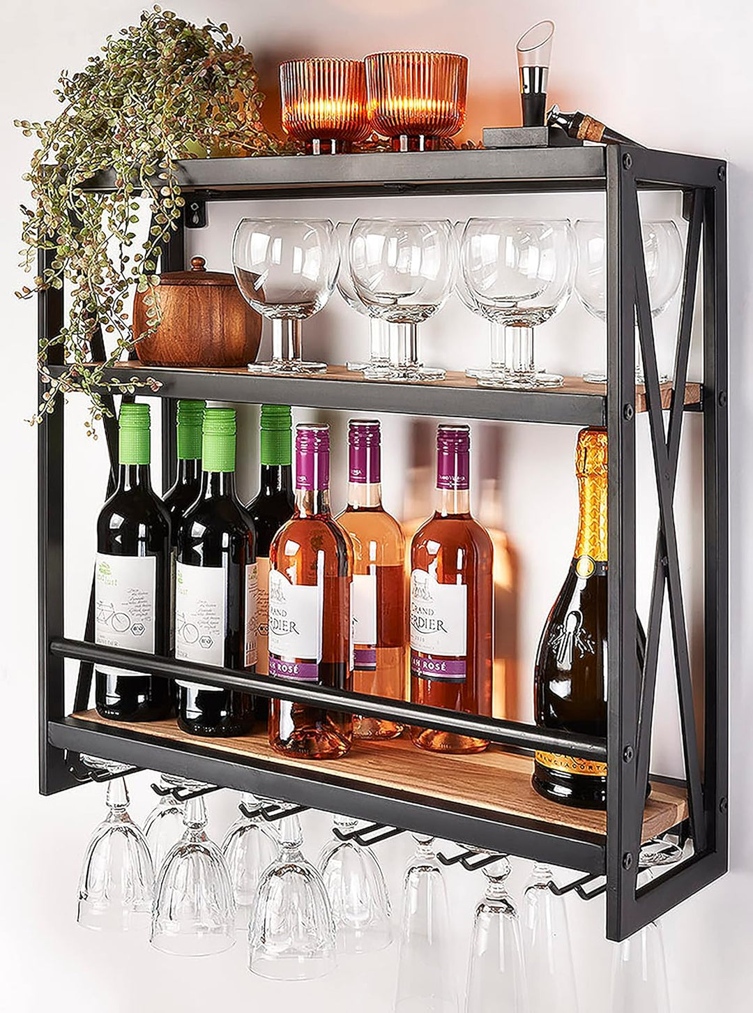 Kobolo Weinregal Wandregal - Syrah - aus Metall und Mangoholz 60x20x62