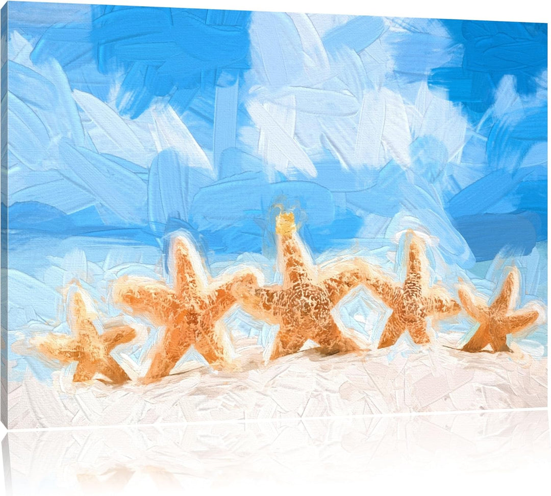 Seesterne am Strand im Gemälde Format: 120x80 auf Leinwand, XXL riesige Bilder fertig gerahmt mit Ke