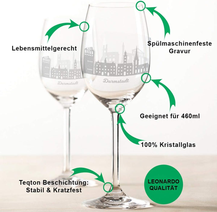 GRAVURZEILE Leonardo Weingläser - Skyline Darmstadt im Set - Hochwertige 360° Laser Gravur - schönes