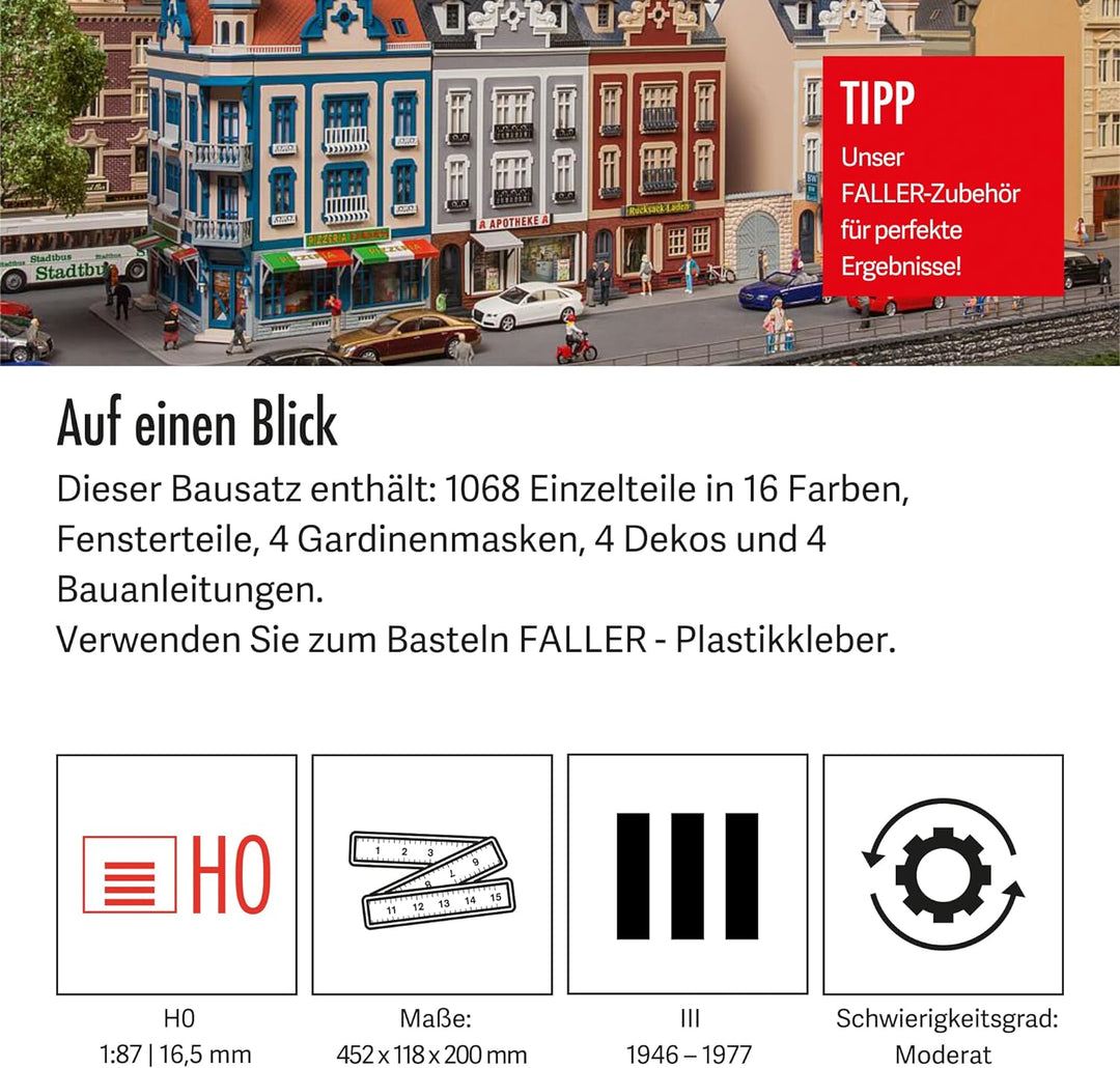 FALLER Stadthäuserzeile Beethovenstrasse Modellbausatz mit 1068 Einzelteilen 452 x 118 x 200 mm I Mo
