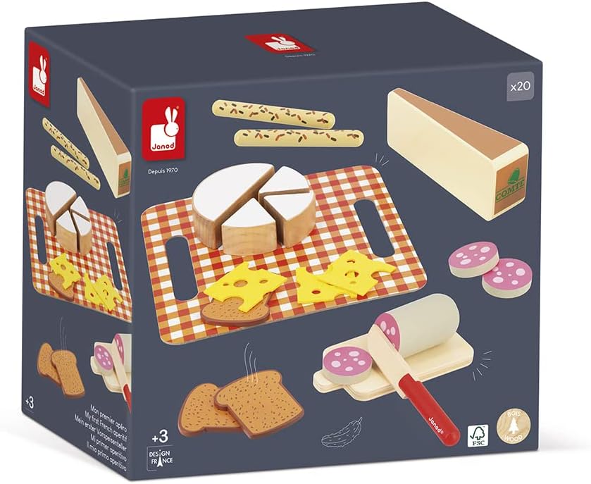 Janod - Meine Erste Brotzeit - Rollenspielzeug Küche und Essgeschirr - 20 Elemente aus Holz, Pappe u
