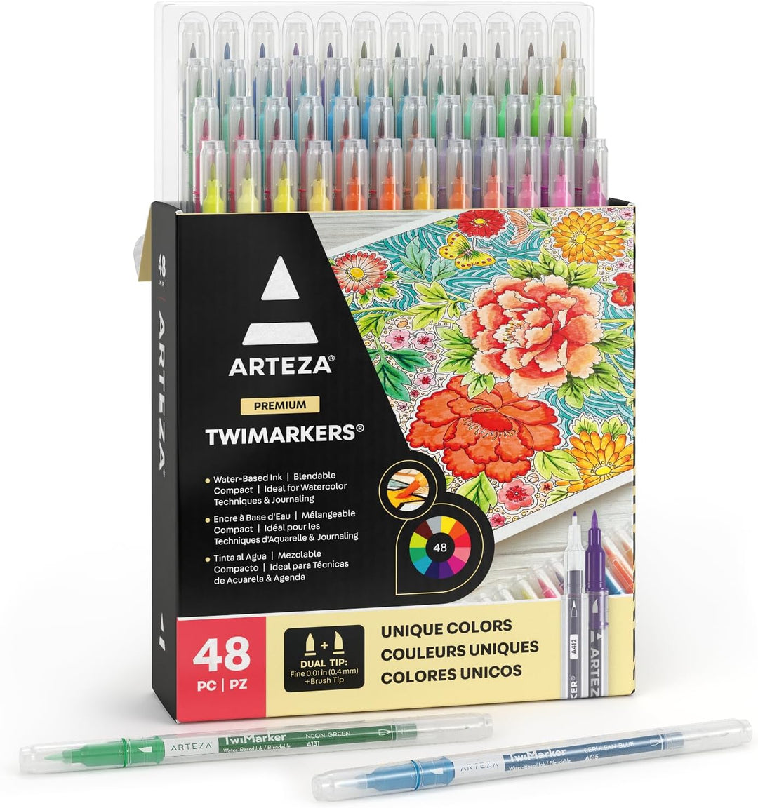 ARTEZA TwiMarkers, 48 bunte Doppelfasermaler, Dual Brush Pen Set mit feiner 0.4 mm Spitze und Pinsel