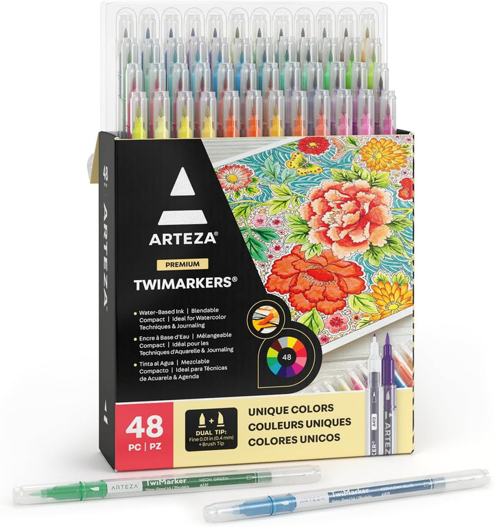ARTEZA TwiMarkers, 48 bunte Doppelfasermaler, Dual Brush Pen Set mit feiner 0.4 mm Spitze und Pinsel