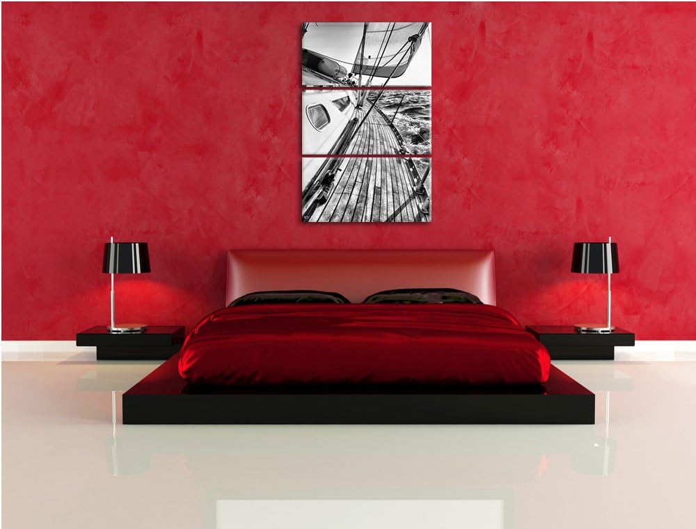 Pixxprint Monocrome, Segelboot im Meer 3-Teiler Leinwandbild 120x80 Bild auf Leinwand