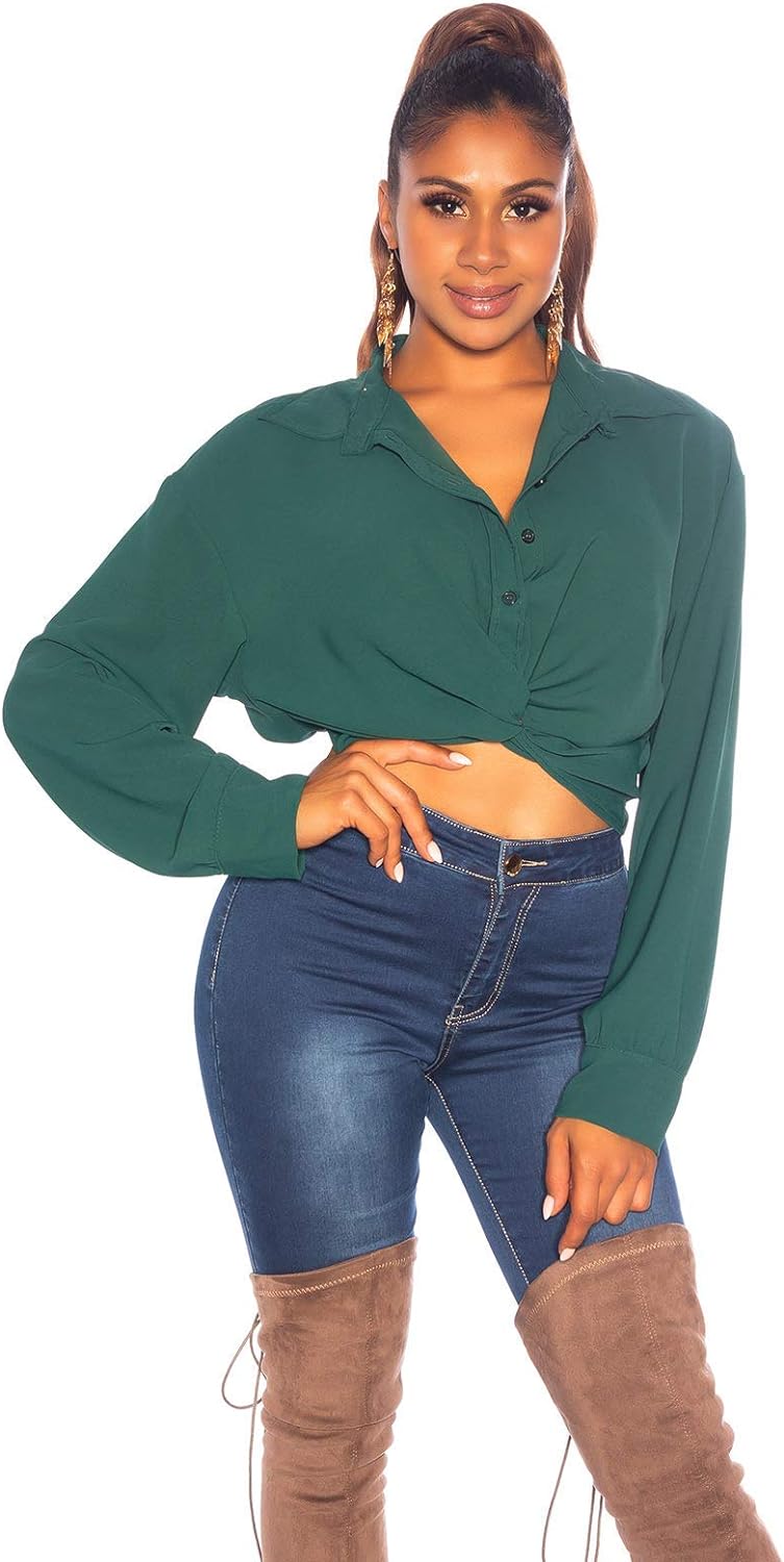 Hot Crop Blusen Shirt mit Knoten-Effekt S-M Grün, S-M Grün