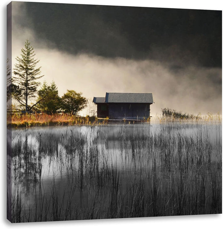 Pixxprint Häuschen am See mit Nebel / 70x70cm Leinwandbild bespannt auf Holzrahmen/Wandbild Kunstdru