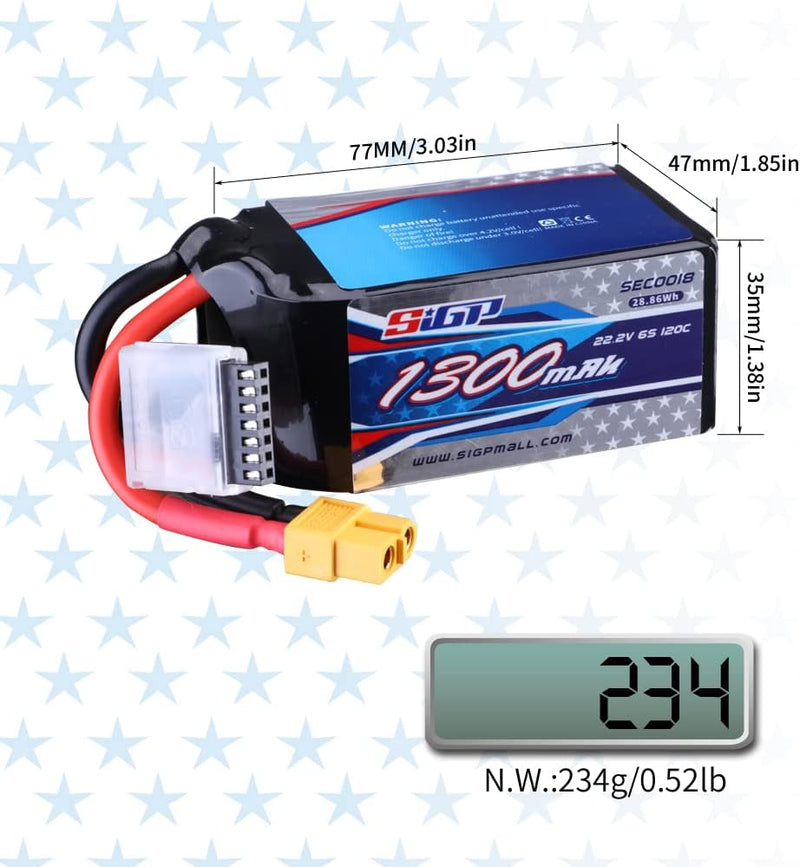 SIGP 1300mAh 6S Lipo Akku 22,2V 120C Soft Pack mit XT60 Anschluss für RC FPV Quadcopter Flugzeug Hub