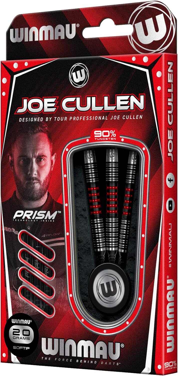 WINMAU Joe Cullen 18 Gram Tungsten Softip Darts Set with Prism Flights and Shafts (Stems)