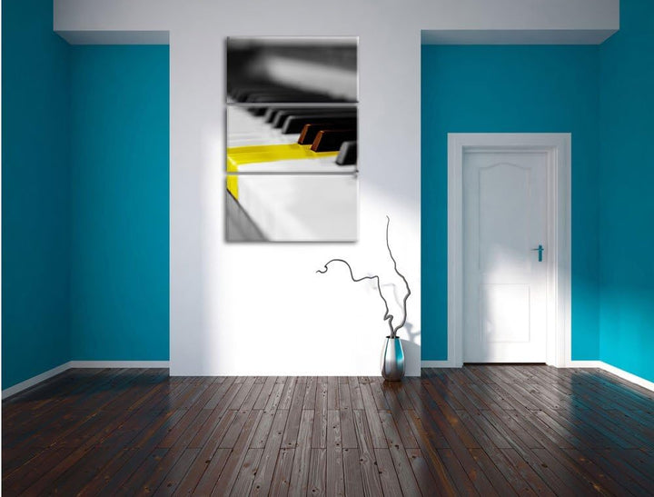 Pixxprint schönes Klavier mit gelben Tasten schwarz/weiss 3-Teiler Leinwandbild 120x80 Bild auf Lein
