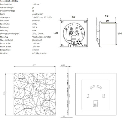 Badlüfter Wohnraumlüfter Diamant Panel weiss Ø 100 mm Nachlauf Einschaltverzögert, Ø 100 mm Nachlauf