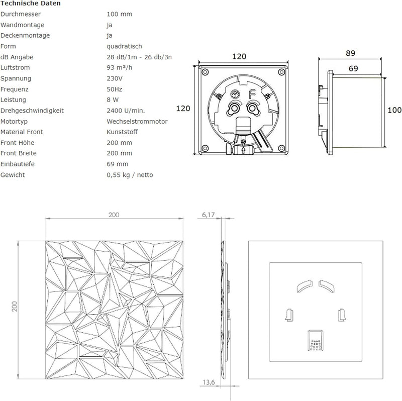 Badlüfter Wohnraumlüfter Diamant Panel weiss Ø 100 mm Nachlauf Einschaltverzögert, Ø 100 mm Nachlauf