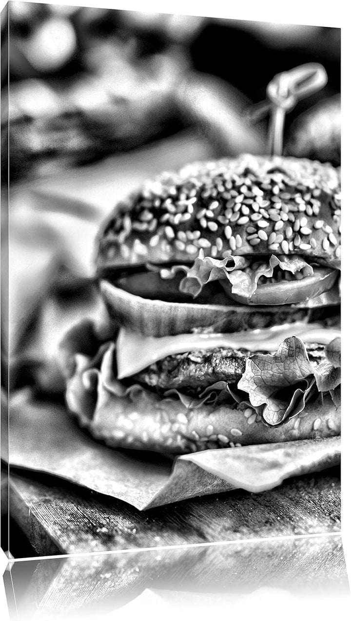 Pixxprint Monocrome, Leckerer Burger und Pommes, Format: 100x70 auf Leinwand, riesige Bilder fertig