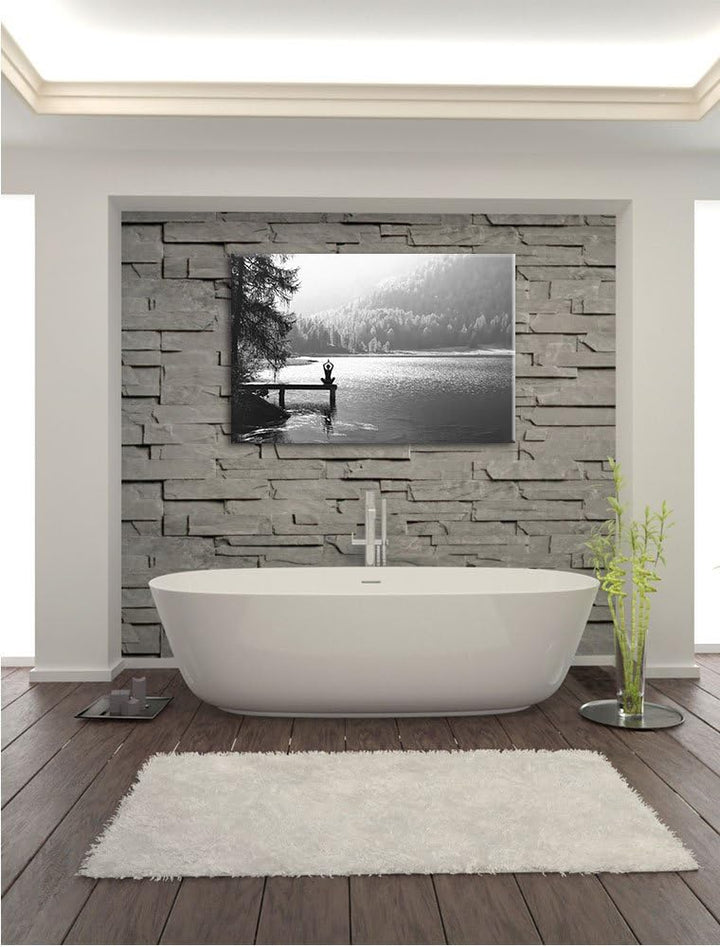 Yoga am See Kunst B&W, Format: 100x70 auf Leinwand, XXL riesige Bilder fertig gerahmt mit Keilrahmen