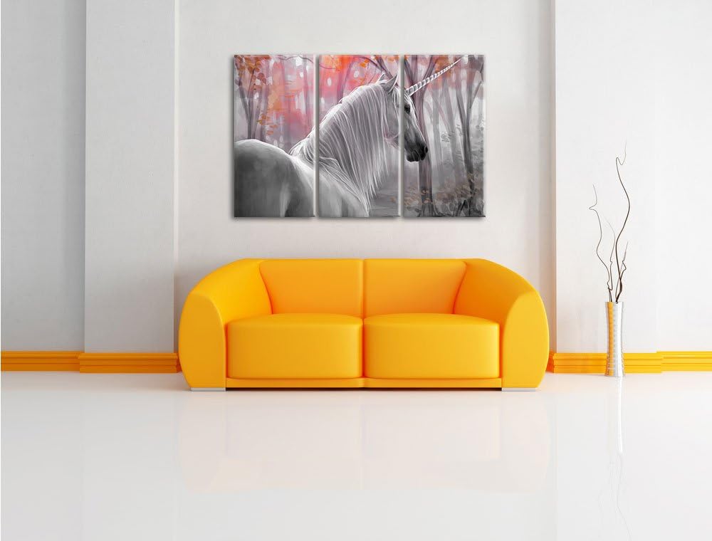 Pixxprint Einsames Einhorn im Wald als Leinwandbild/Grösse: 3 Teilig (120x80 cm) cm/Wandbild/Kunstdr