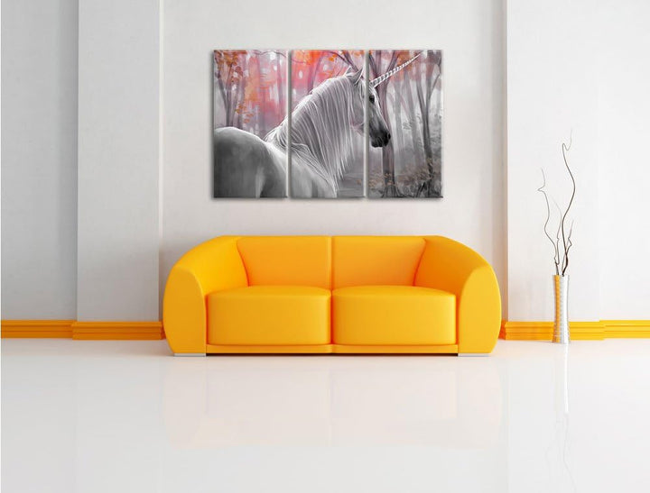 Pixxprint Einsames Einhorn im Wald als Leinwandbild/Grösse: 3 Teilig (120x80 cm) cm/Wandbild/Kunstdr