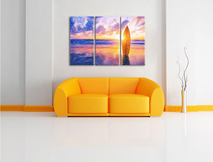 Pixxprint Surfbrett am Strand als Leinwandbild/Grösse: 3 Teilig (120x80 cm) cm/Wandbild/Kunstdruck/f