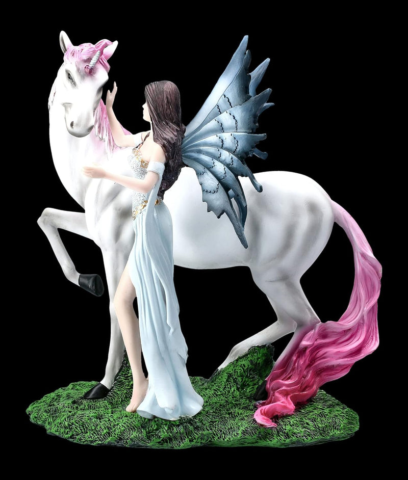 Elfen Figur - Mystique mit Einhorn mit rosa Mähne | Fee Fantasy Dekofigur