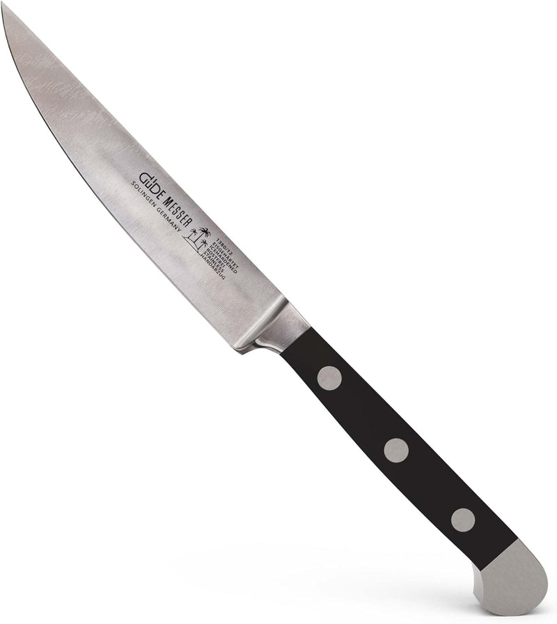 GÜDE Solingen - Porterhouse Steakmesser Glatt geschmiedet, 12 cm, POM schwarz, ALPHA, Doppelkropf, H