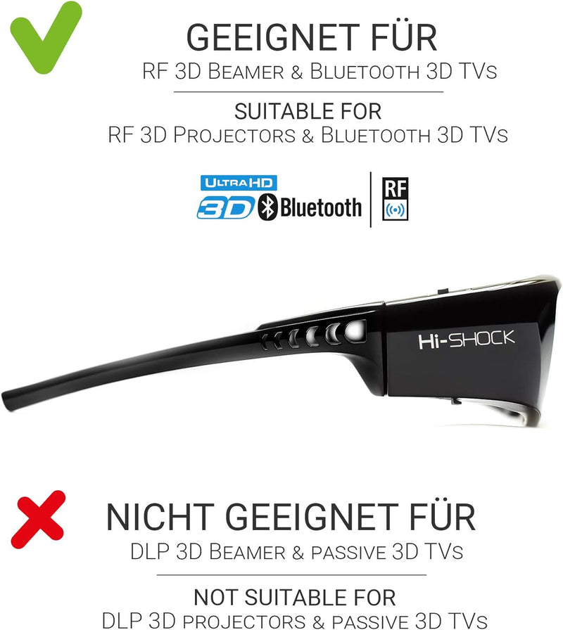 2X Hi-Shock BT/RF Pro Black Diamond | Bluetooth 3D Brille für 3DTV & 3D-RF Beamer von Sony, Epson, J