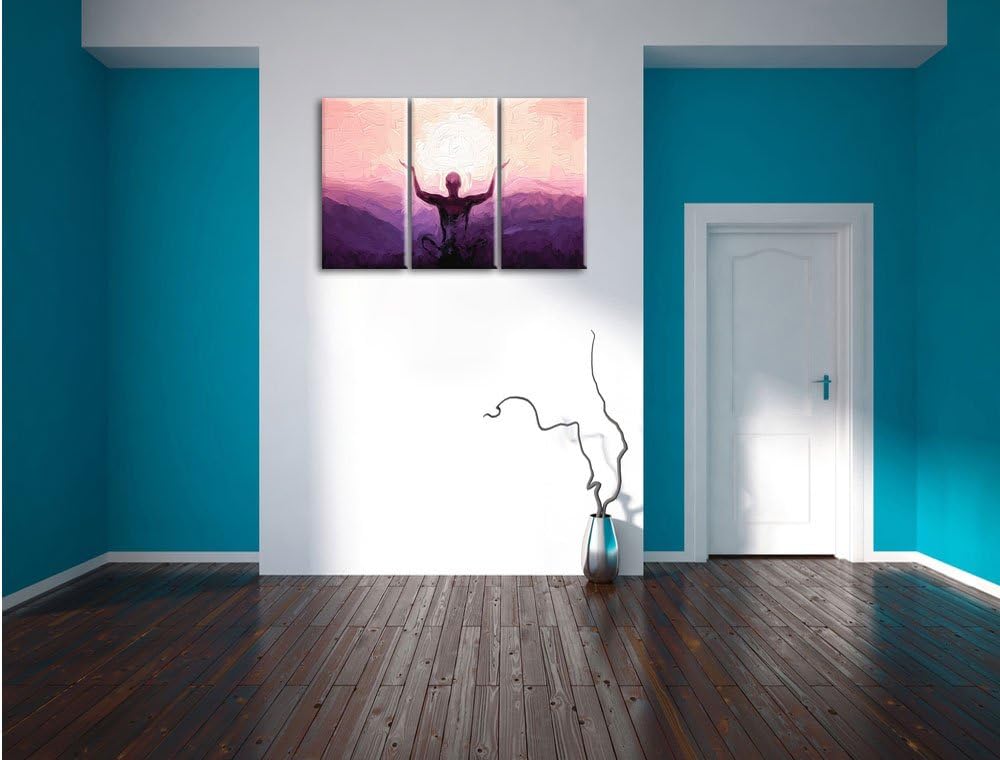 Pixxprint Yoga in den Bergen Kunst Pinsel Effekt 3-Teiler Leinwandbild 120x80 Bild auf Leinwand