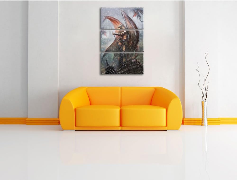 Pixxprint Fiktiver Drachenmann auf der Spitze der Stadt Kunst Buntstift Effekt 3-Teiler Leinwandbild