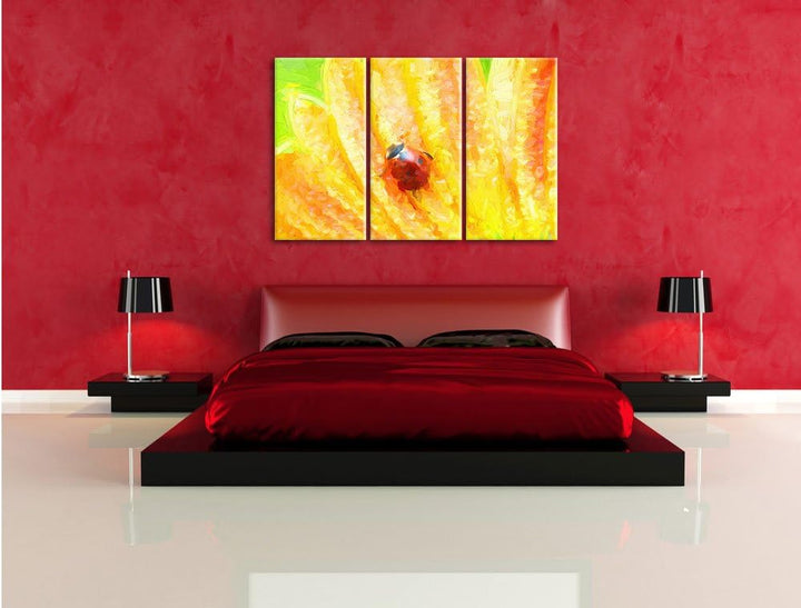 Pixxprint Marienkäfer auf gelber Blume Kunst Pinsel Effekt 3-Teiler Leinwandbild 120x80 Bild auf Lei