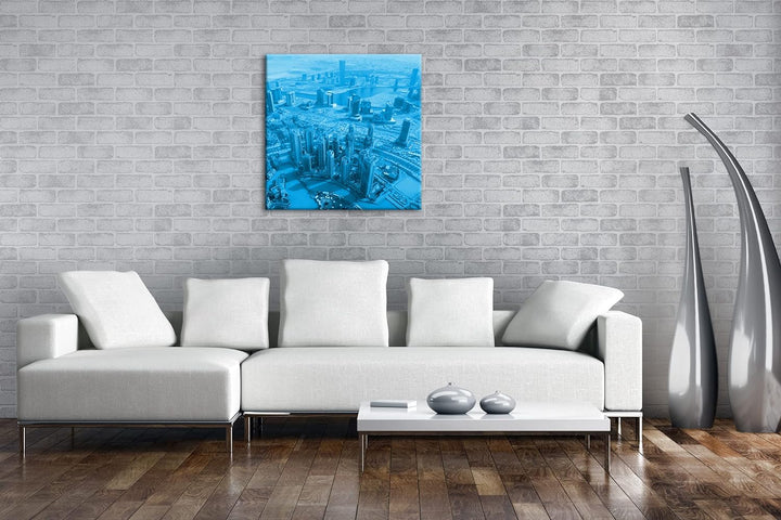 deyoli Skyline von Dubai Format: 70x70 Effekt: Monocrome Blau als Leinwandbild, Motiv fertig gerahmt