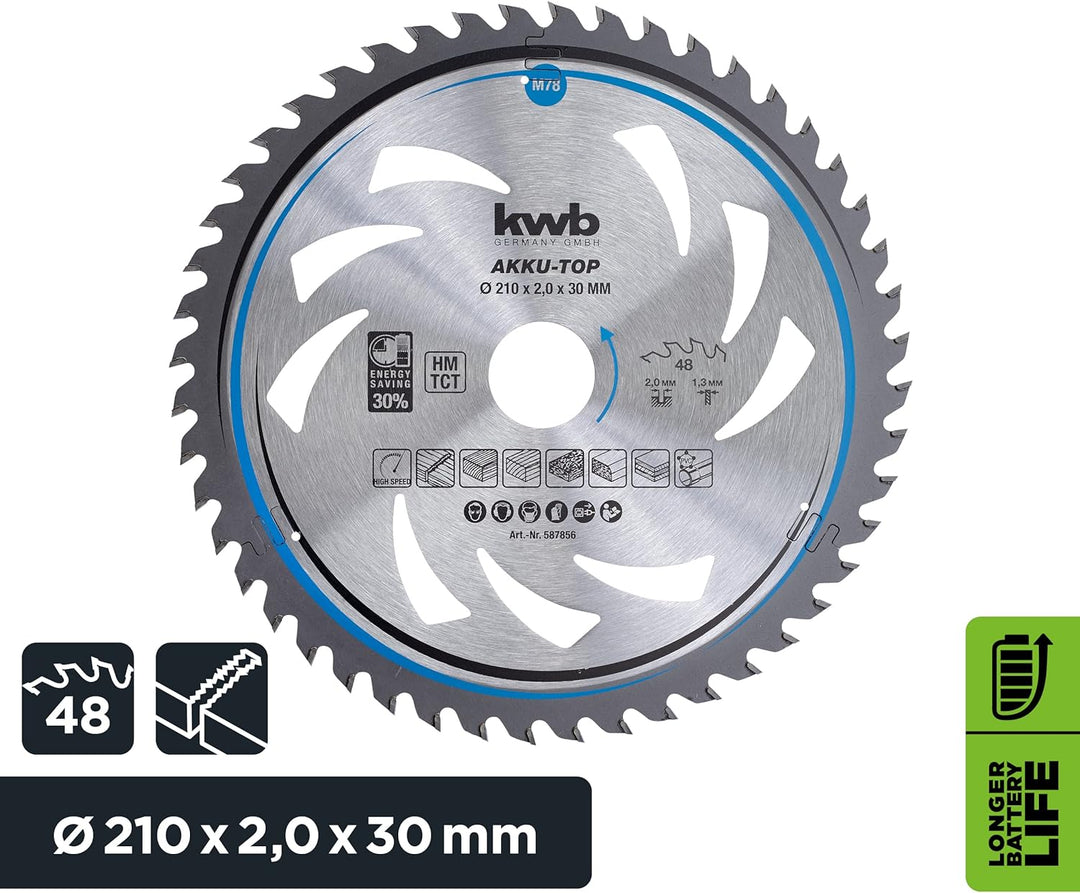 kwb Kreissägeblatt 210 x 30 mm, leichtgängig, speziell für Akkumaschinen, Sägeblatt geeignet für Wei