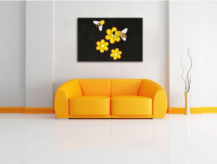 Pixxprint hübsche Bienen mit Blumen als Leinwandbild/Grösse: 100x70 cm/Wandbild/Kunstdruck/fertig be