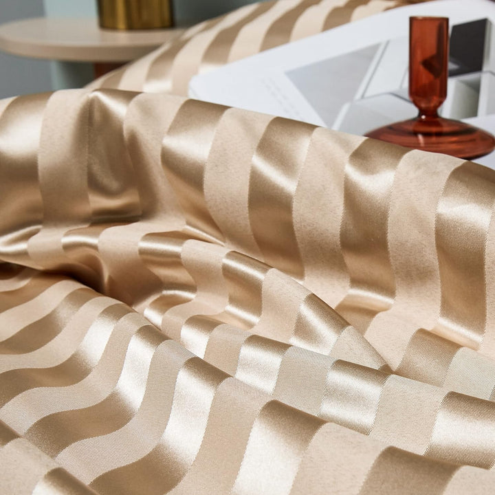 Damier Bettwäsche 200x220 Beige Satin glatt Bettbezug Set 3 teilig Luxus Glanzsatin gestreift Bettwä