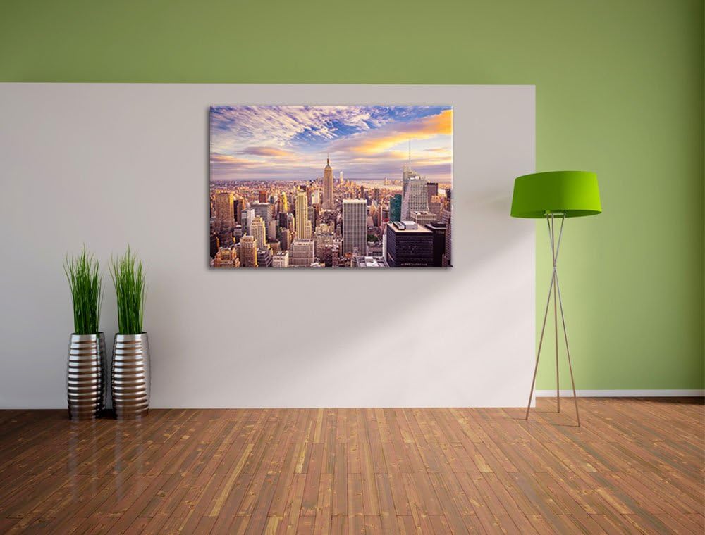 Skyline von New York bei Sonnenuntergang Format: 100x70 auf Leinwand, XXL riesige Bilder fertig gera
