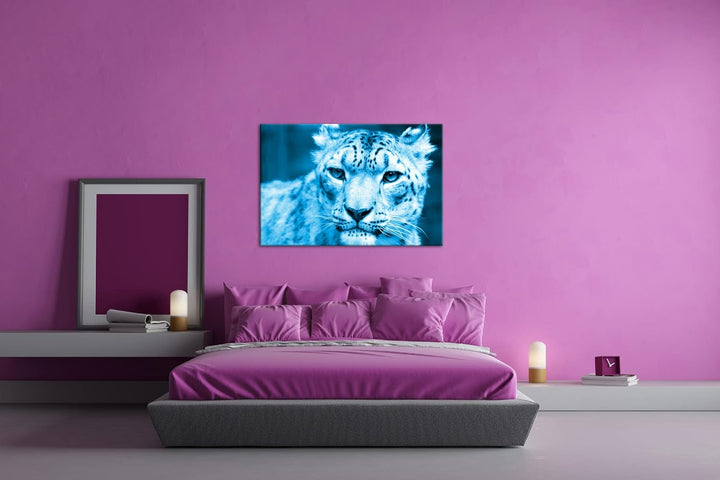 deyoli aufmerksamer Schneeleopard Format 80x60 Effekt: Monocrome Blau als Leinwandbild, Motiv fertig