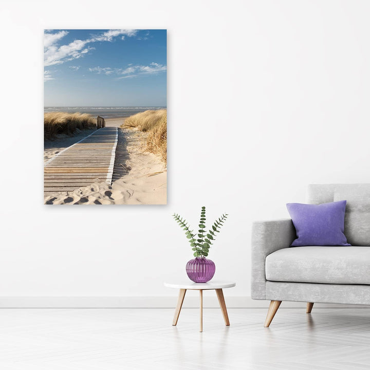 Feeby Vlies Leinwandbild Strand Holzweg Dünen Ozean 60x90 cm Druckbild Wandbild Wanddekoration Deko