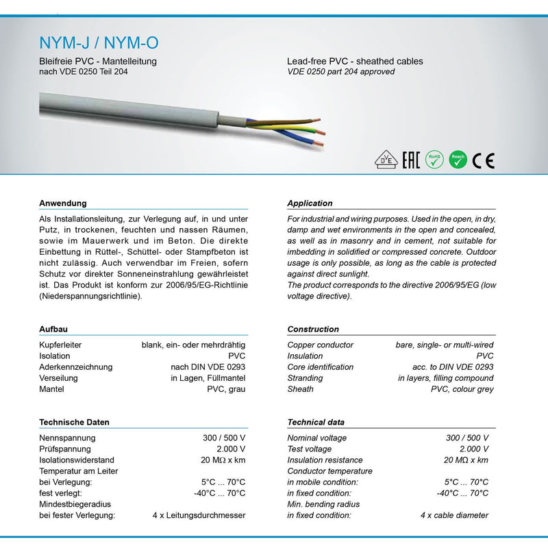 M&G Techno 20m NYM-J 3x2,5 mm² Mantelleitung Feuchtraumkabel Elektrokabel Kupfer Made in Germany 20m