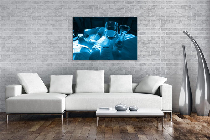 deyoli Brot und Wein Format 100x70 Effekt: Monocrome Blau als Leinwandbild, Motiv fertig gerahmt auf