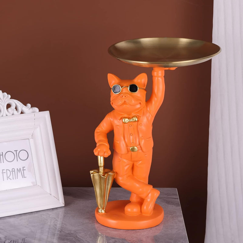 XMGZQ Orange Bulldogge Figur,Französische Bulldogge Tablett,Bulldogge Schlüssel Schale,Französische