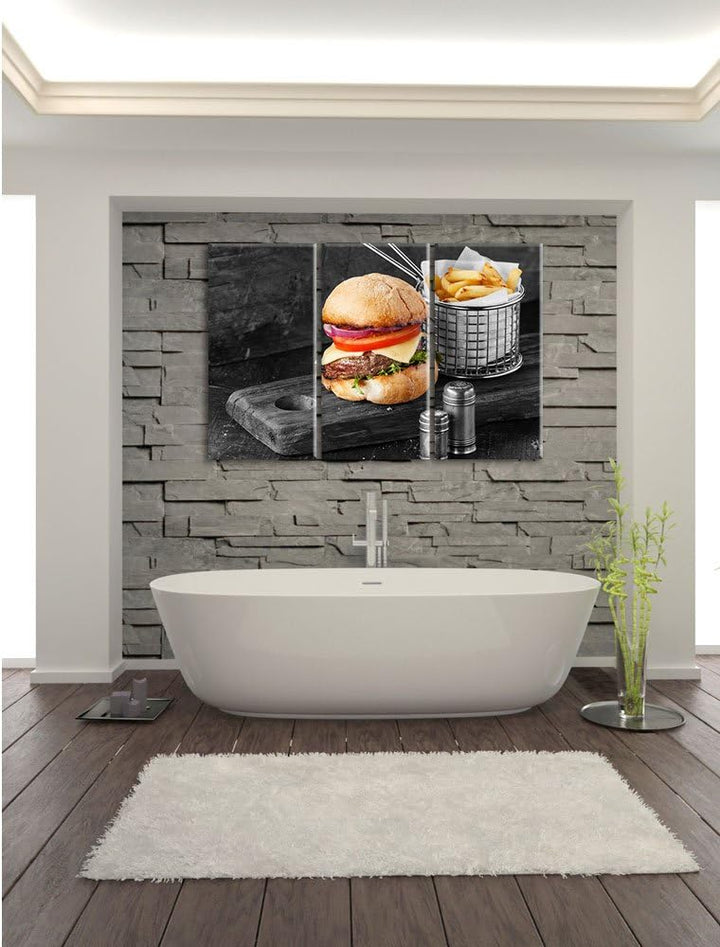Pixxprint Cheesburger mit Pommes als Leinwandbild | Grösse: 3 Teilig (120x80) | Wandbild| Kunstdruck
