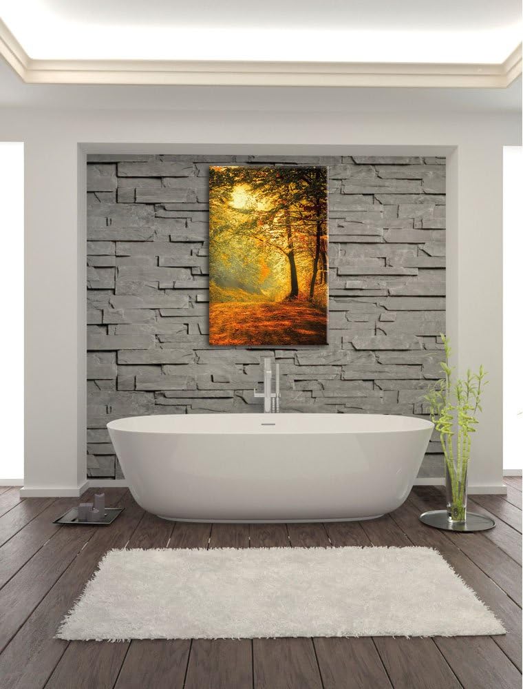 Pixxprint Wald im Herbst, Format: 100x70 auf Leinwand, XXL riesige Bilder fertig gerahmt mit Keilrah